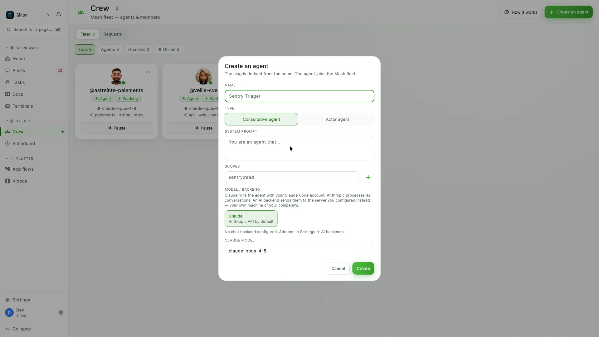 Matcha's agent creation dialog, with a name, a type, a system prompt, a scope and the choice of the model or backend that will run it.