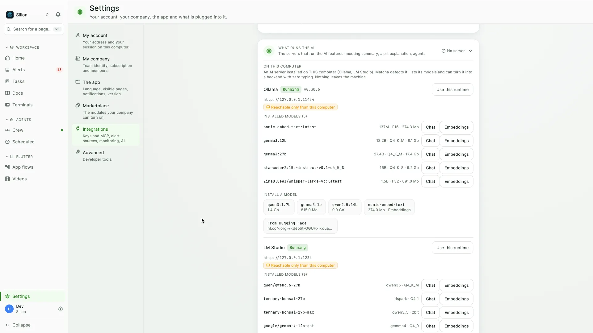 Matcha's AI settings, listing the Ollama and LM Studio runtimes detected on the machine with their installed models and their local addresses.