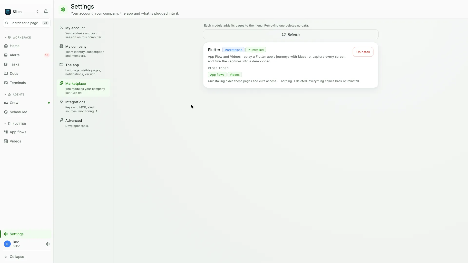 The Marketplace tab of Matcha's settings, with the Flutter module installed and the two pages it adds to the sidebar listed underneath.