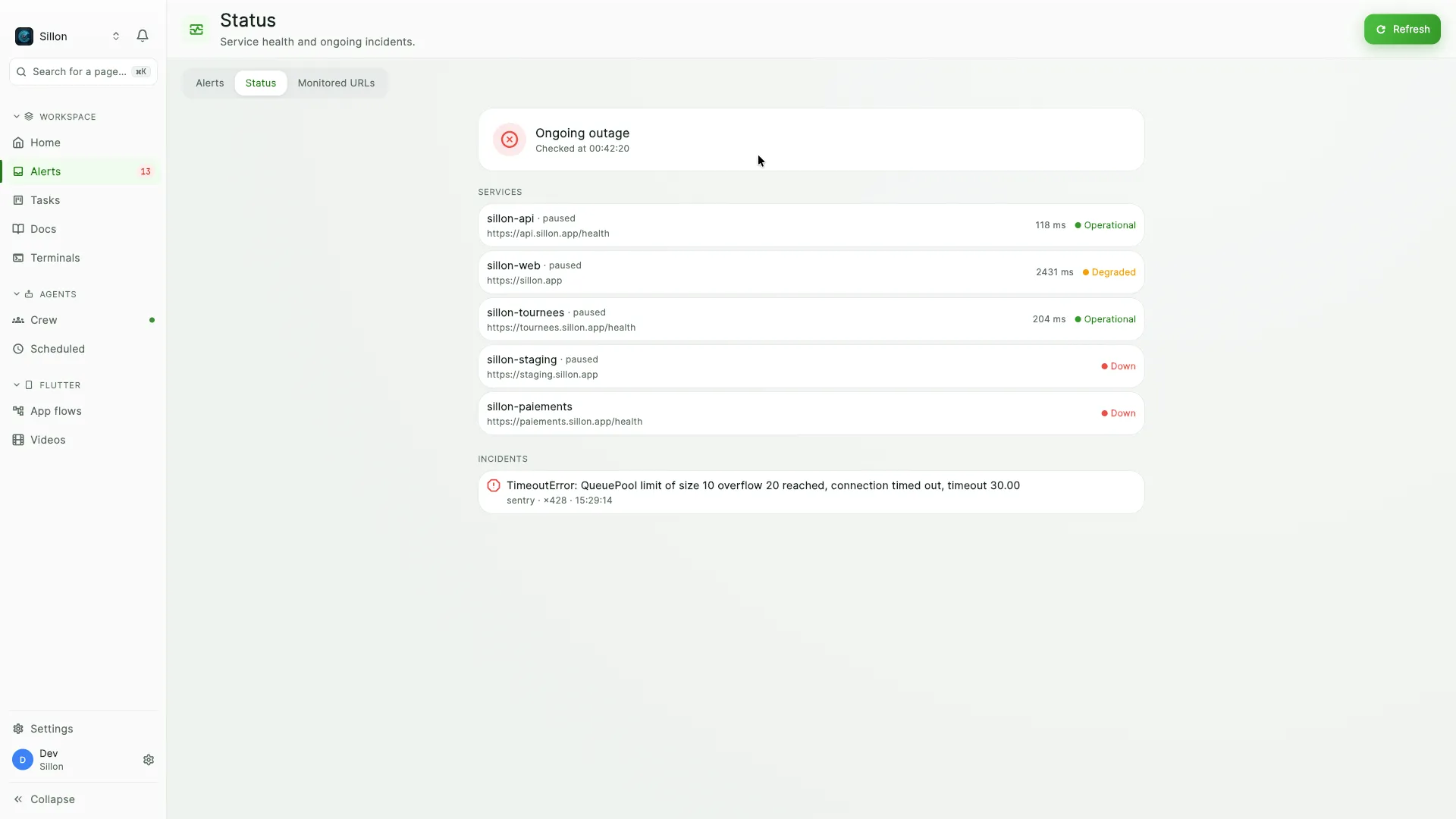 Matcha's status page for a company, showing an ongoing outage, five services with their response times and one open incident.